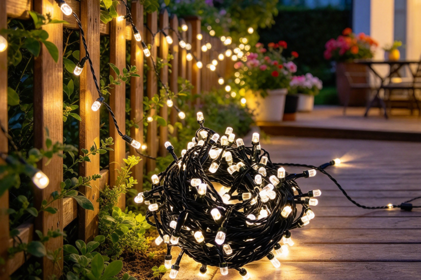 Black coil LED string light with warm white bulbs along wooden fence and garden plants in evening outdoor setting.