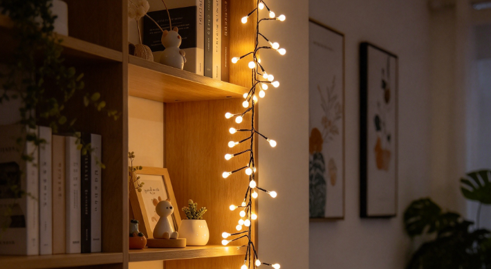 LED string light along bookshelf and picture frame in quiet study room, warm ambient lighting for home office and display area.