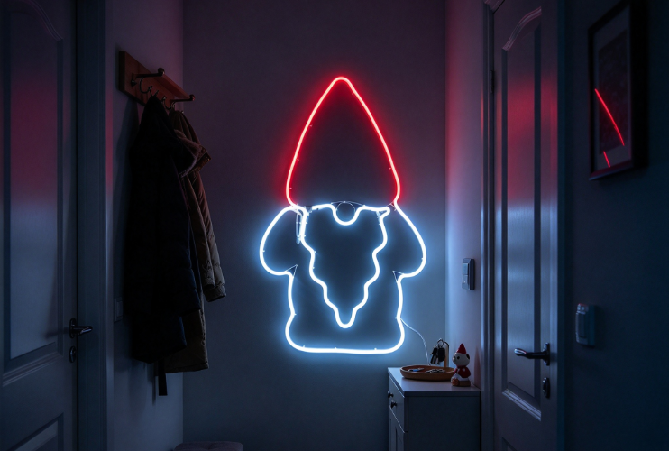 Actual size RGB rope lights gnome outline hung on entryway side wall beside coat rack and small shoe cabinet.