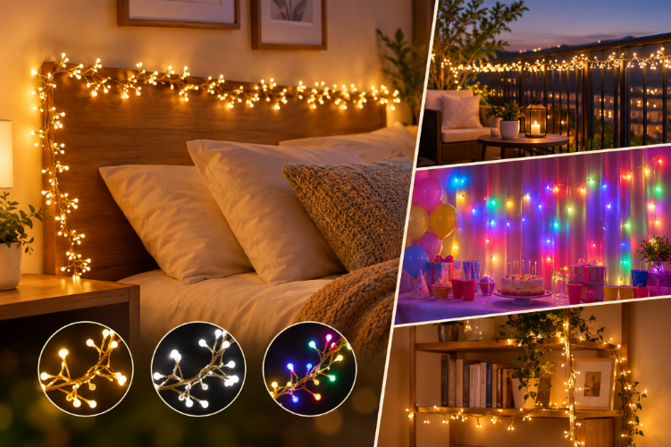 LED String Light in warm white, cool white and colorful styles decorating a bedroom headboard, a balcony railing, a party backdrop and a bookshelf.